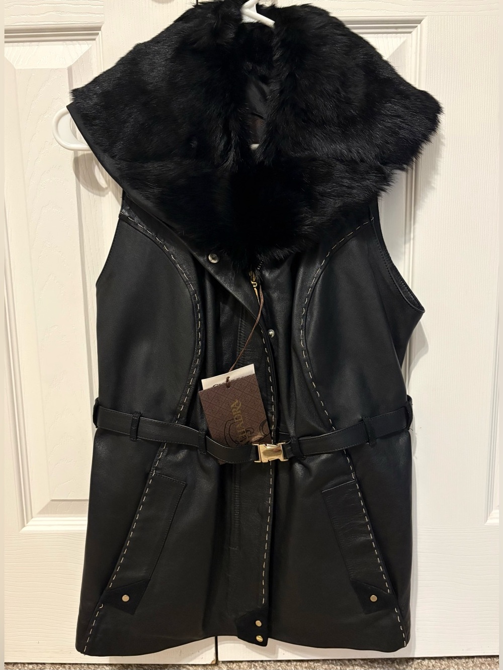 Cuadra Black Fur Collar Leather Vest with Belt